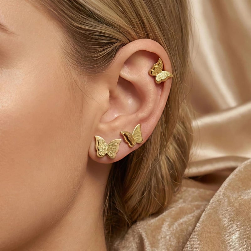 A set of 3 pairs of gold butterflies with a double design, made of rust-resistant stainless steel, with graduated sizes to give you layered styling or to choose the perfect size. - Image 2